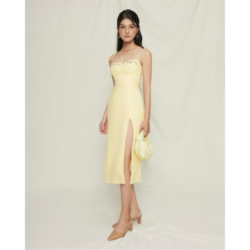 Summer sun dress 100% linen premium cotton in pastel yellow Spaghetti Strap